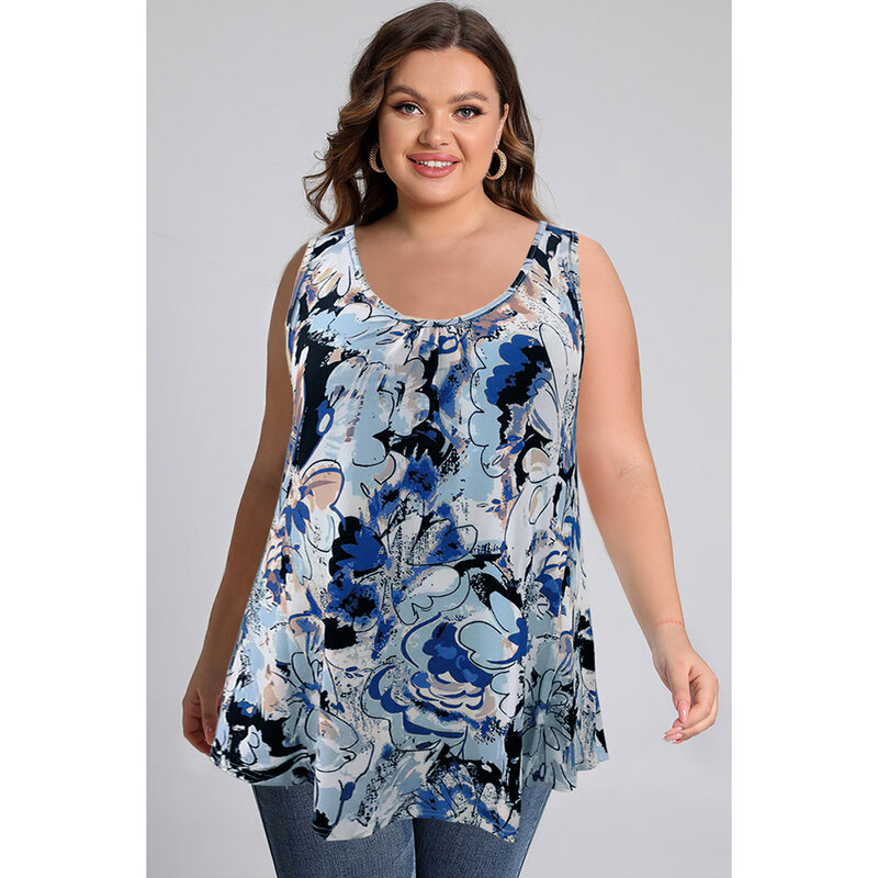 Plus Size Casual Floral Print Round Neck Casual Tank Top