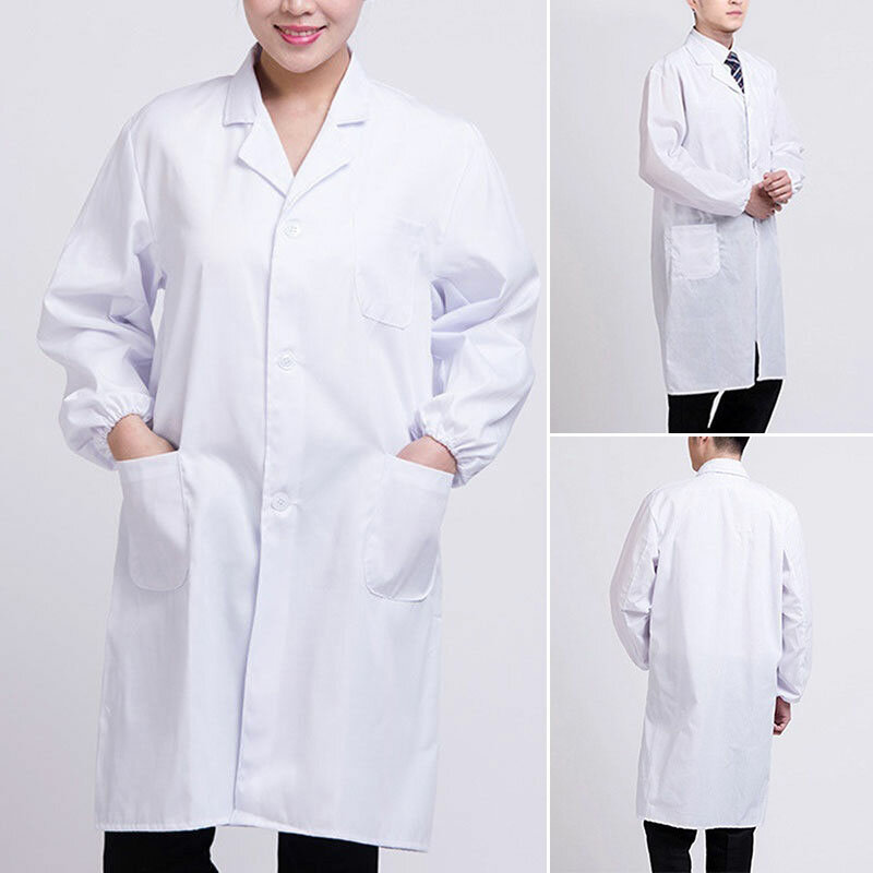 Bata de laboratorio blanca de manga larga Unisex, cuello de solapa con muescas, botón hacia abajo, uniforme de médico y enfermera, blusa