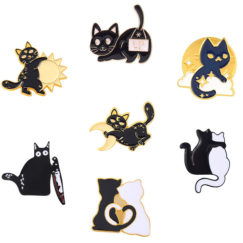 Broche de gato de Luna delicada, broche de Animal, broche de gato blanco, broche de gato negro Punk, Pin de gato de pareja, lindo pequeño negro