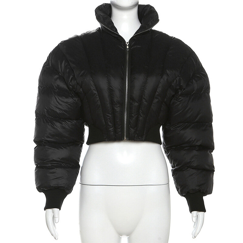 Jaket Solid parka wanita, musim dingin 2023 kerah berdiri lengan panjang ritsleting pendek katun berlapis mantel Crop Top mode hangat jaket Streetwear
