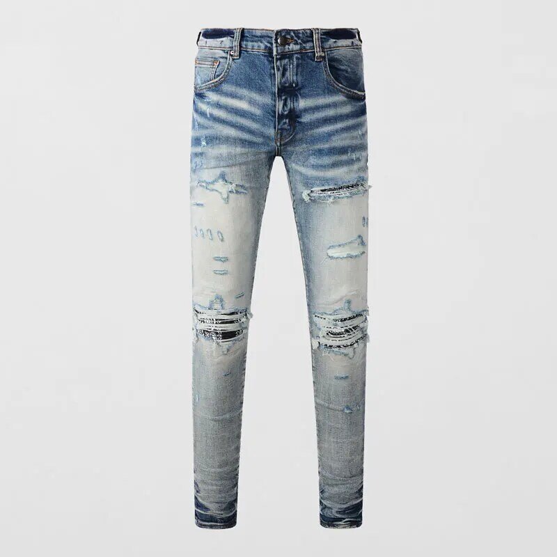 Pantalones vaqueros rasgados para Hombre, Jeans elásticos, ajustados, estilo Retro, Bandana de diseñador, Hip Hop