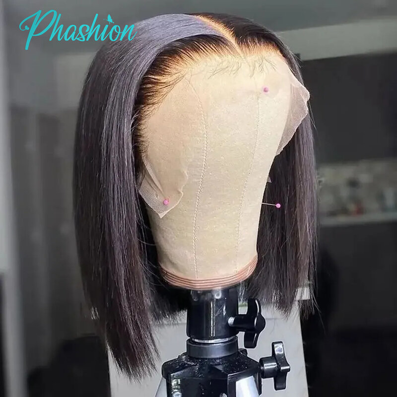Phashion wig Bob pendek lurus tanpa lem 4x4 dengan garis rambut alami 180% untuk wanita hitam 100% rambut manusia Remy potongan tumpul dijual