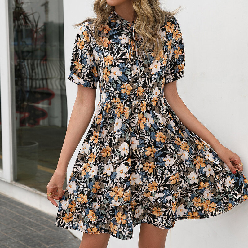 Standing collar ruffled edge small floral short sleeved dress with casual print medium length skirt Versatile Girlish style
