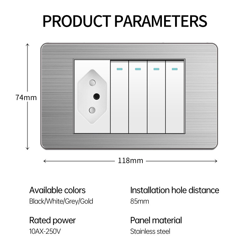 Электрическая розетка PSSRISE S18 из нержавеющей стали, выключатель света с портом USB Type-c, Бразильская Выходная кнопка, домашний выключатель, электрическая розетка