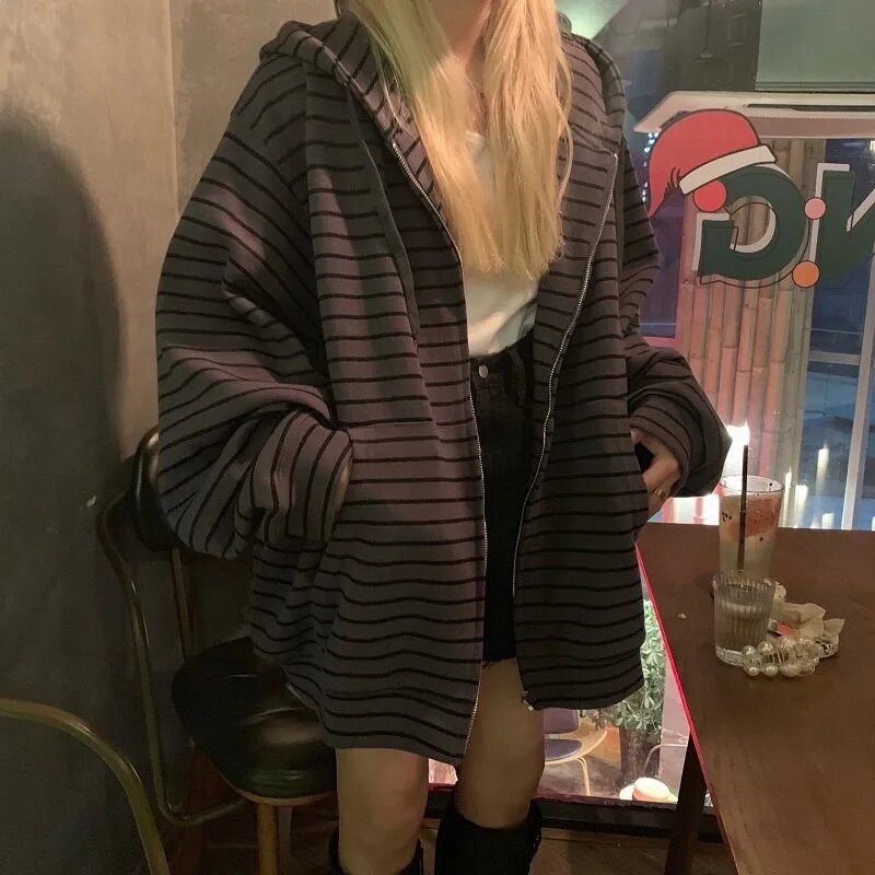 Sudadera con capucha de manga larga para mujer, ropa de calle Harajuku Vintage a rayas con cremallera, estilo coreano Grunge Emo Alt, otoño y primavera