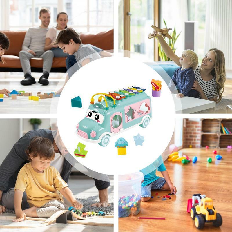 Multifunctional Electric Musical Bus Toys Shape Sorter Pull-Along Toy Early Educational Crawling Musical Bus Toys With Xylophone