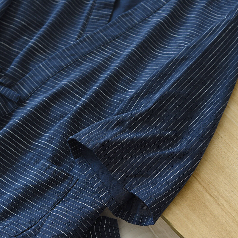 Pijamas Kimono de manga corta para hombre, pantalones cortos japoneses, sueltos, simples, de algodón, a rayas, traje de sudor al vapor