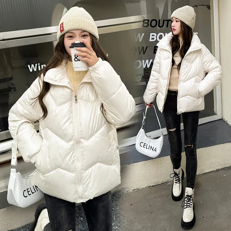 Winter Glossy Cotton Jacket Women New Loose Stand-Up Collar Coat Pure Colour Outerwear Fashion Elegant Parka Overcoat Female