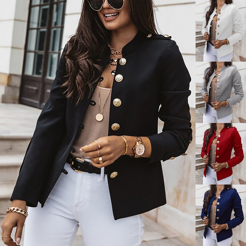 여성용 캐주얼 슬림핏 단색 상의, 단추 긴팔 스탠딩 칼라, 비즈니스 세트 재킷, 트렌디 오피스 짧은 세트 코트