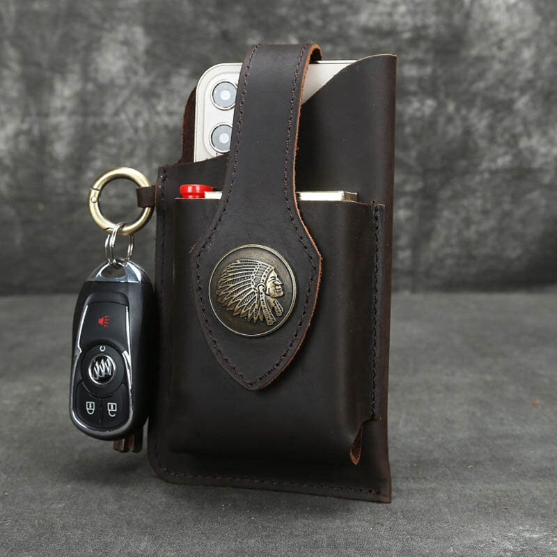 Genuine Leather Men Waist Bag Cowhide Outdoor Hook Male Mobile Phone Pouch Waist Pack Cigarette Case Belt Bag Key Hook