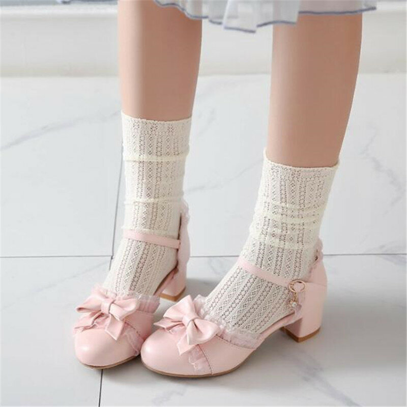 Crianças sandálias meninas sapatos de salto alto lolita bombas femininas moda bowknot babados festa de casamento princesa sapatos rosa tamanho 28-43