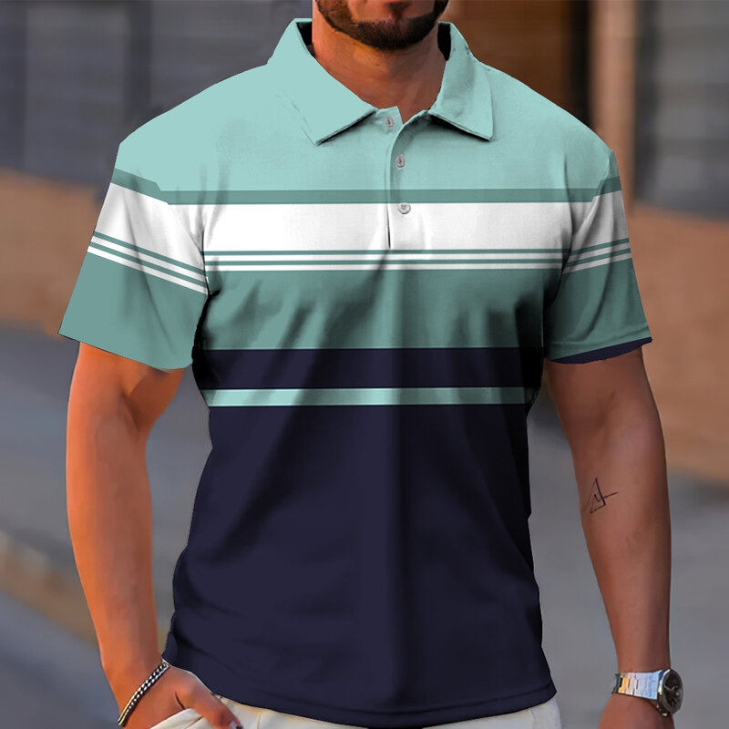 Zakelijke Casual Golf Heren Poloshirts Zomer Mode Korte Mouwen T-Shirt Gradiënt Lijn Print Tops Dagelijks Oversized Poloshirt