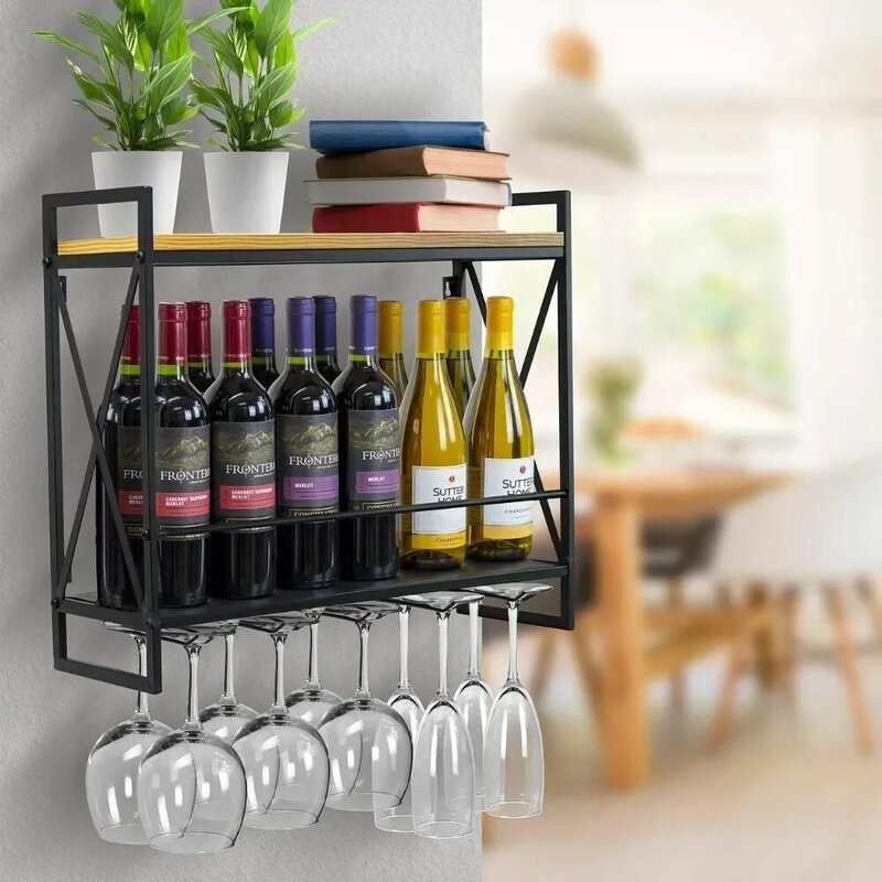 2-poziomowe drewniany stojak na wino, montowane na ścianie, stojaki na wino z 5 kieliszek uchwytami na wino