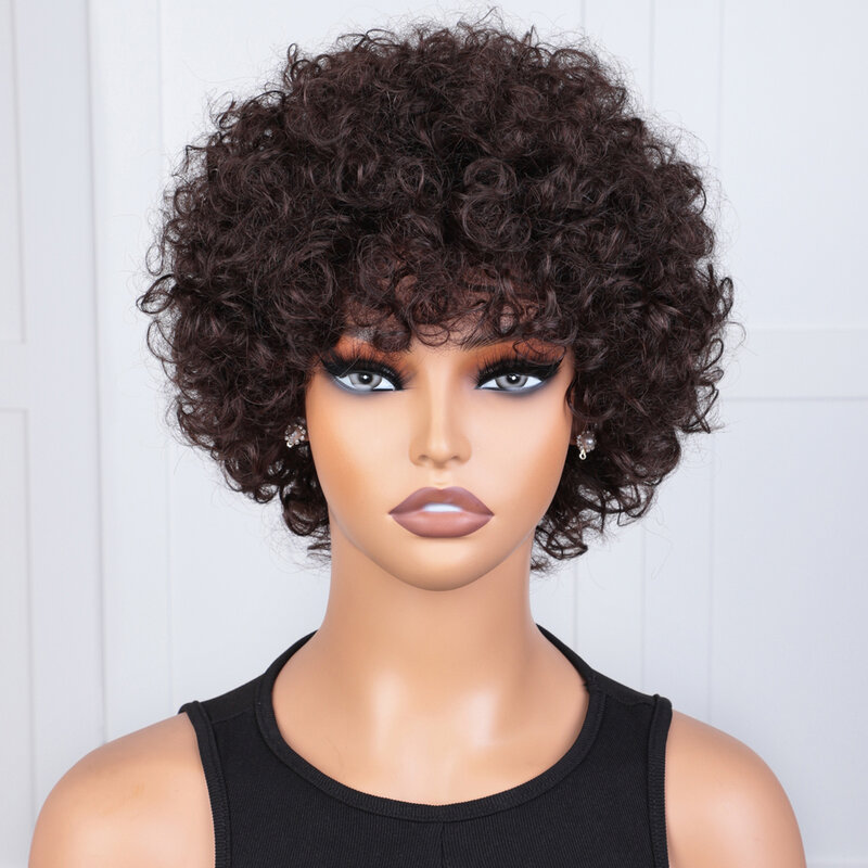 Perruques afro crépues bouclées avec frange, cheveux humains Remy moelleux, perruques entièrement fabriquées à la machine, perruques afro courtes sans colle, densité de 180%