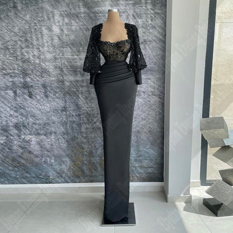 2024 czarne koronki z długim rękawem damskie suknie wieczorowe seksowne miękka satyna formalne suknie na przyjęcie najnowsza Celebrity Ball Vestido De Noche