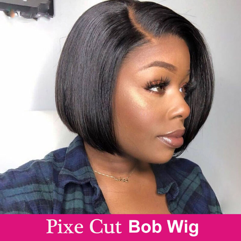 Curto Bob Pixie peruca de corte para mulheres negras, reto, cabelo humano brasileiro, parte lateral transparente do laço, pré arrancadas, venda