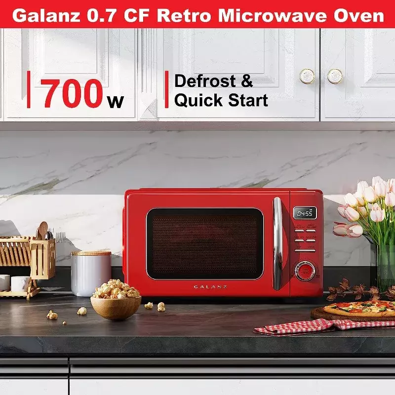 Galanz GLCMKZ07RDR07 Retro Countertop Microwave Oven with Auto Cook&Reheat,Defrost,Quick Start Functions,Pull Handle.7 cu ft,Red