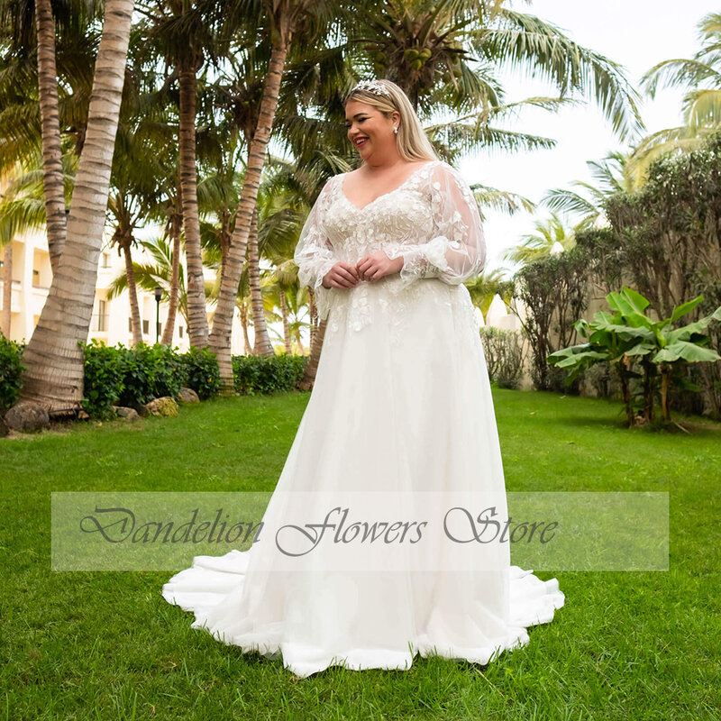 Pastoral Wedding Dresses Plus Size Women 2023 Full Sleeves V-Neck Bride Gown With Applique A-Line Sweep Train فستان حفلات الزفاف