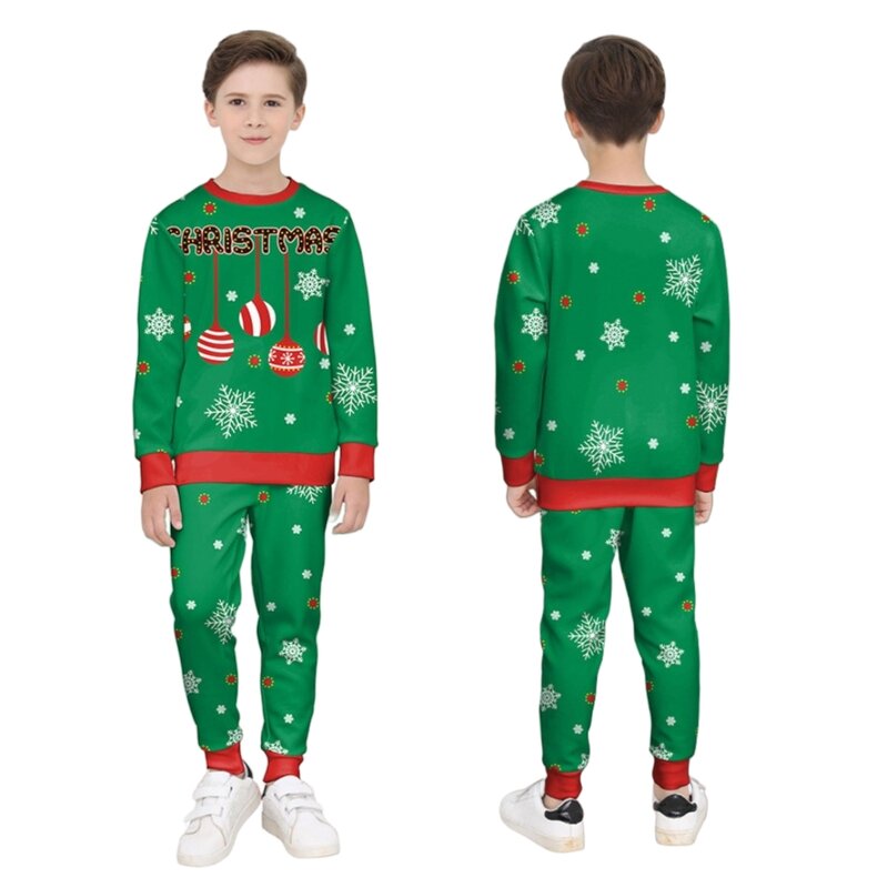 Children's Christmas Clothing Outfit Long Sleeve Crew Neck Sweater Pullover Pants Set Deer Snowflake for Kids Halloween Gift