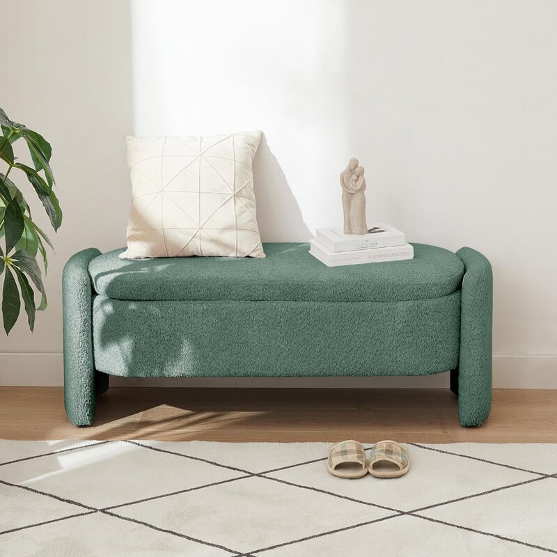 Оттоманка из флисовой ткани овальная с петлями для прихожей, детское кресло, детский стул для спальни, Мягкая скамейка для хранения 47 дюймов, зеленая