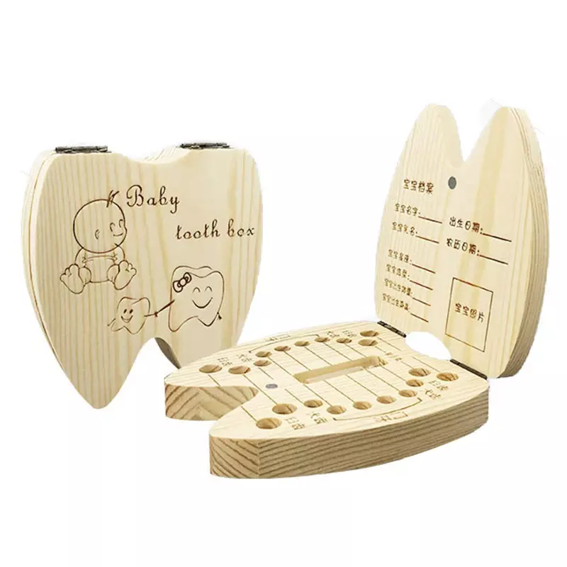 Kotak gigi bayi, tempat penyimpanan penata gigi susu kayu Inggris/Rusia/Prancis/Spanyol anak laki-laki dan perempuan