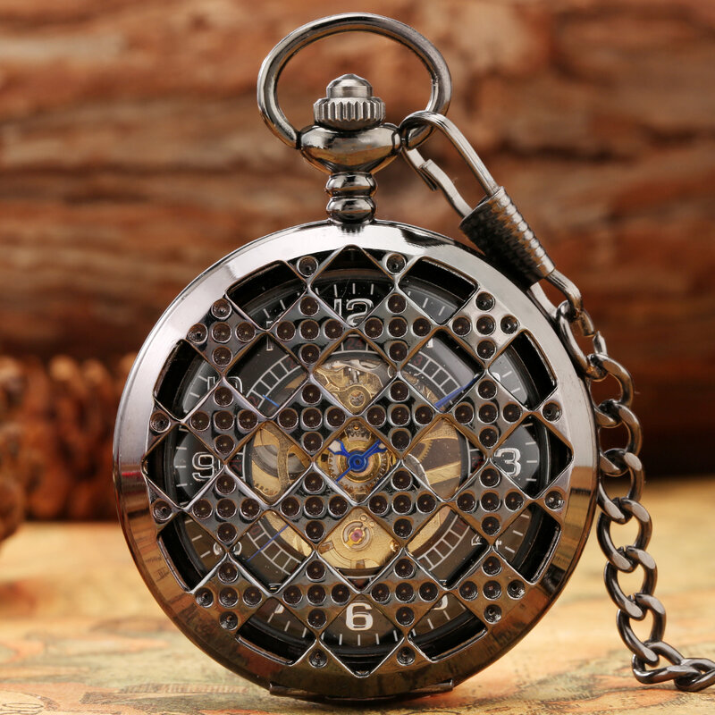 Rhombus-Relógio de bolso mecânico oco com pingente mostrador preto, relógios de bolso, presentes relógio para homens e mulheres, numerais árabes, corda manual