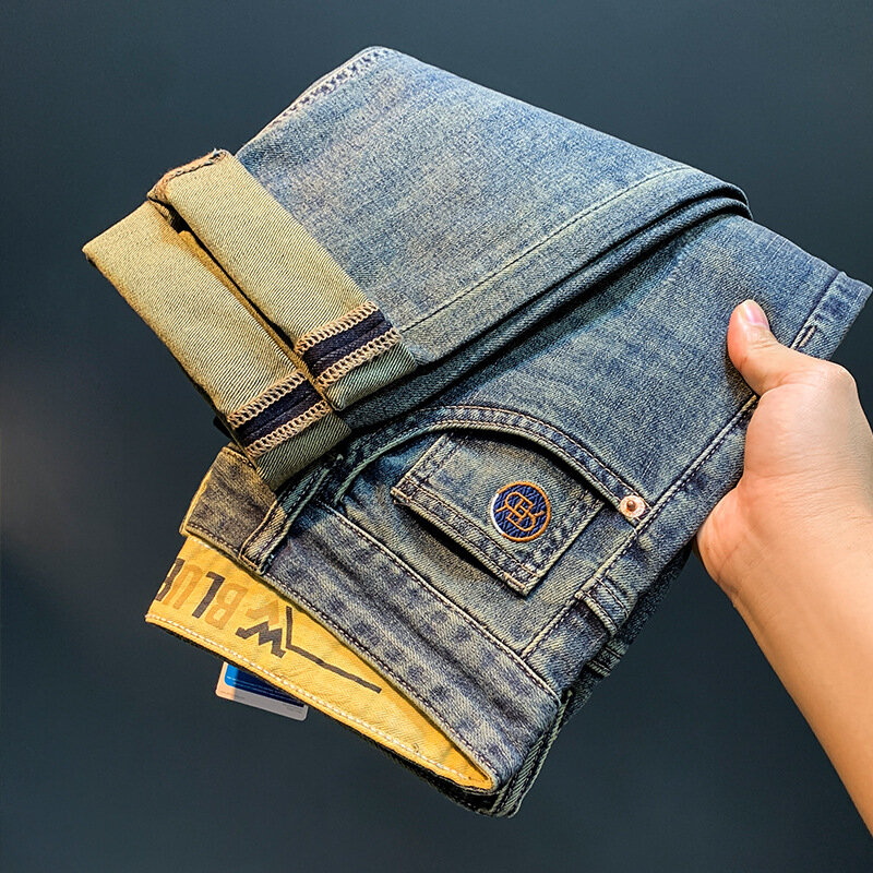 Letnie cienkie amerykańskie jeansy męskie modne Retro luźne elastyczne spodnie Casual 2024new proste spodnie