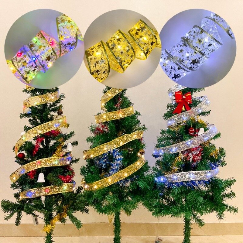 10M Double Layer Fairy Lights Strings Christmas Ribbon Bows with LED Christmas Tree Ornaments New Year Navidad Home Decor