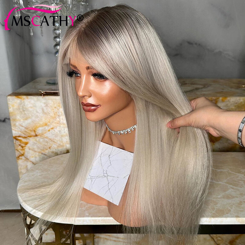 Ash Blonde Encerramento Glueless Lace Front Wig para Mulheres, perucas de cabelo humano virgem brasileiro, peruca frontal pré-arrancada, 13x6, 13x4, 5x5
