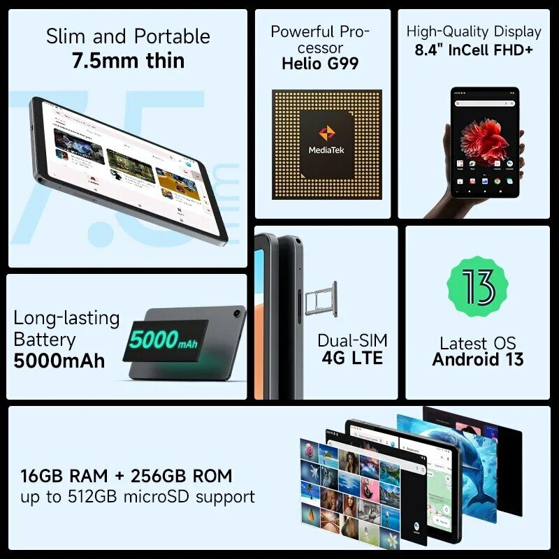 Alldocube-Tablette IPlay50 Mini PRO, Android 13, Helio G99, 8 Go de RAM, 8.4 Go, 128 Go, Dean Netflix HD, Version globale, 256 pouces