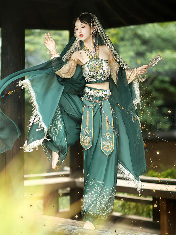 Танцевальный Костюм ханьфу Гуо Хуан Летающая принцесса для девочек Экзотический стиль с вышивкой зеленый комплект из 6 предметов старинный китайский костюм