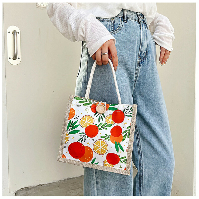 Винтажная женская сумка-тоут с льняными кнопками, вместительный мешок для продуктов и подарков, пляжный органайзер, Портативная сумка для покупок с принтом фруктов
