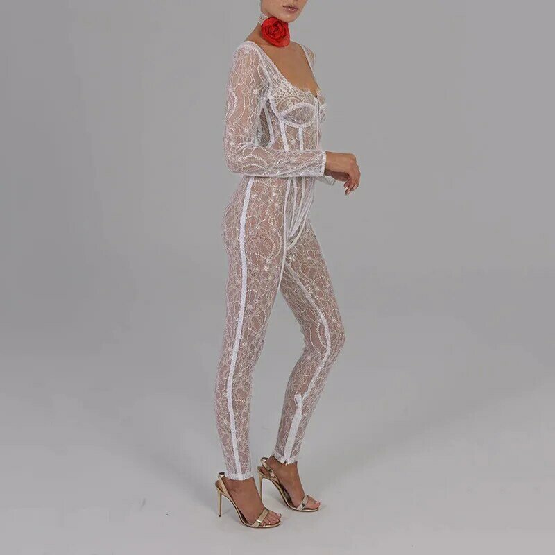 Lace Spliced Fun Lingerie Jumpsuit for Women Autumn Low Cut Long Sleeve High Waist Transparent Seductive Rompers Sexy Clubwear