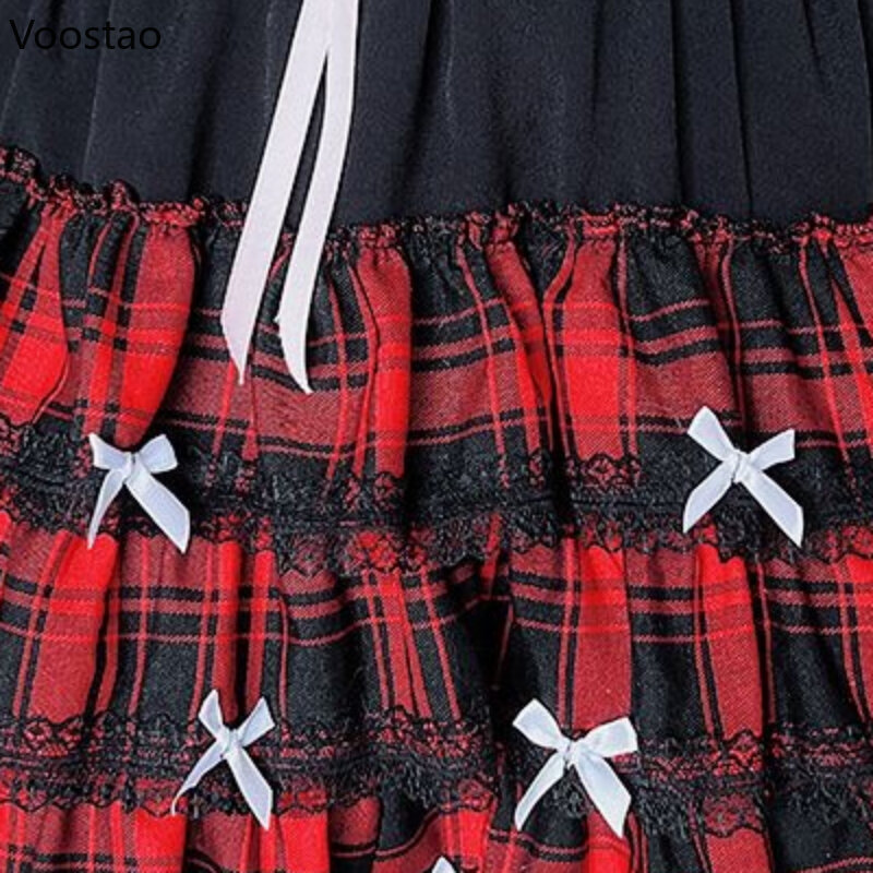 Japanese Gothic Lolita Punk Mini Skirt Women Casual High Waist Red Plaid Bow Lace Ruffles Short Skirt Girls Y2k Aesthetic Skirts