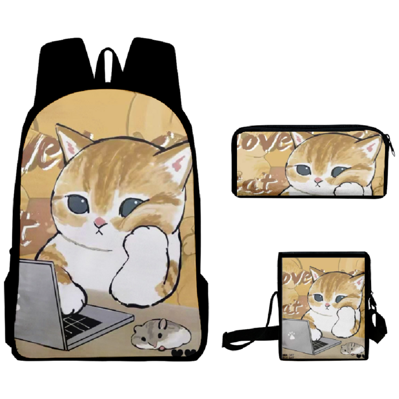 Popularna moda kot pracujący 3D Print 3 sztuk/zestaw tornistry mała torba na laptopa plecak pochylona torba na ramię piórnik