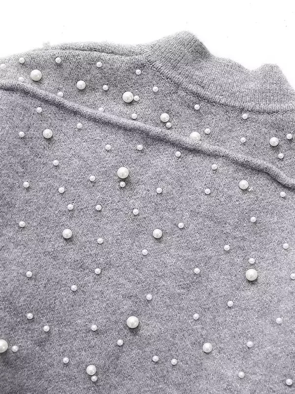 2023 Autumn New Women Fashion Faux Pearl Grey Front Zipper Bomber Jackets Vintage O-Neck Long Sleeves Female Coat