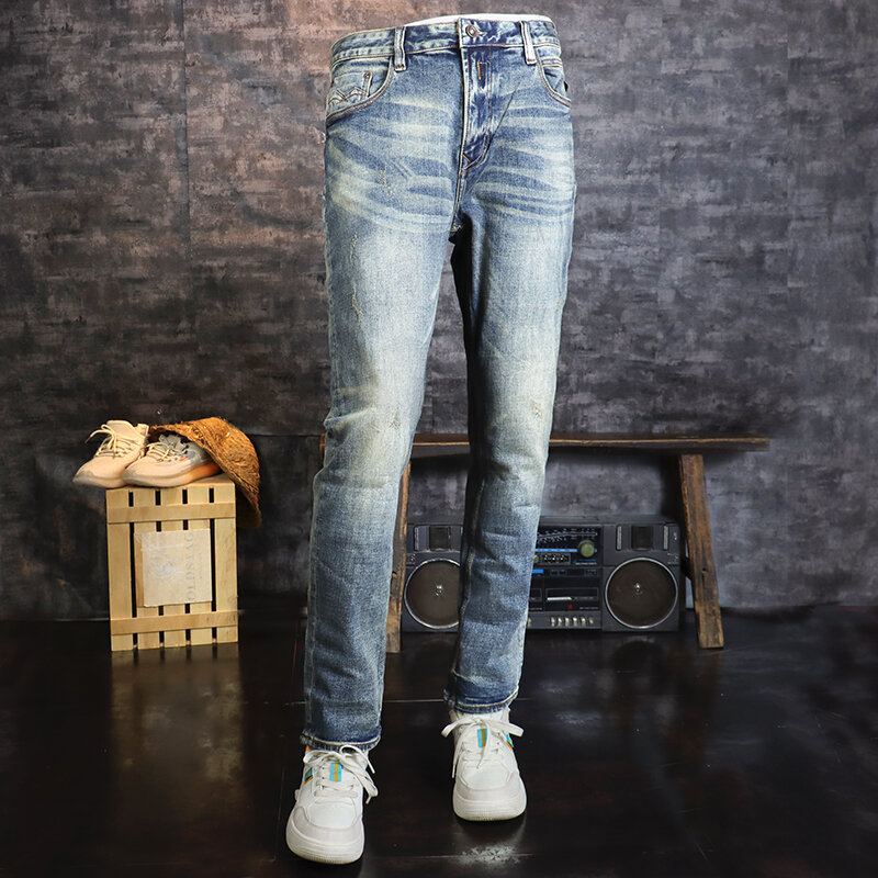 Włoski styl modne dżinsy męskie Retro sprany niebieski elastyczne Slim Fit porwane jeansy mężczyzn wysokiej jakości Vintage designerskie spodnie dżinsowe