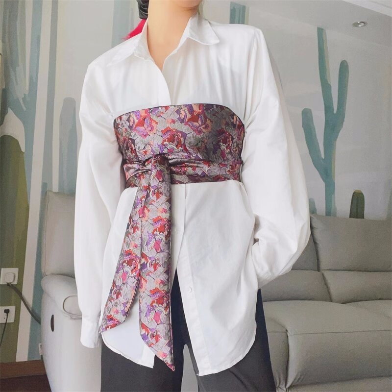 Kreatywna tkanina w stylu Vintage brokatowa żakardowa koszula akcesoria damska koszulka na ramiączkach sukienka w talii szeroki pas