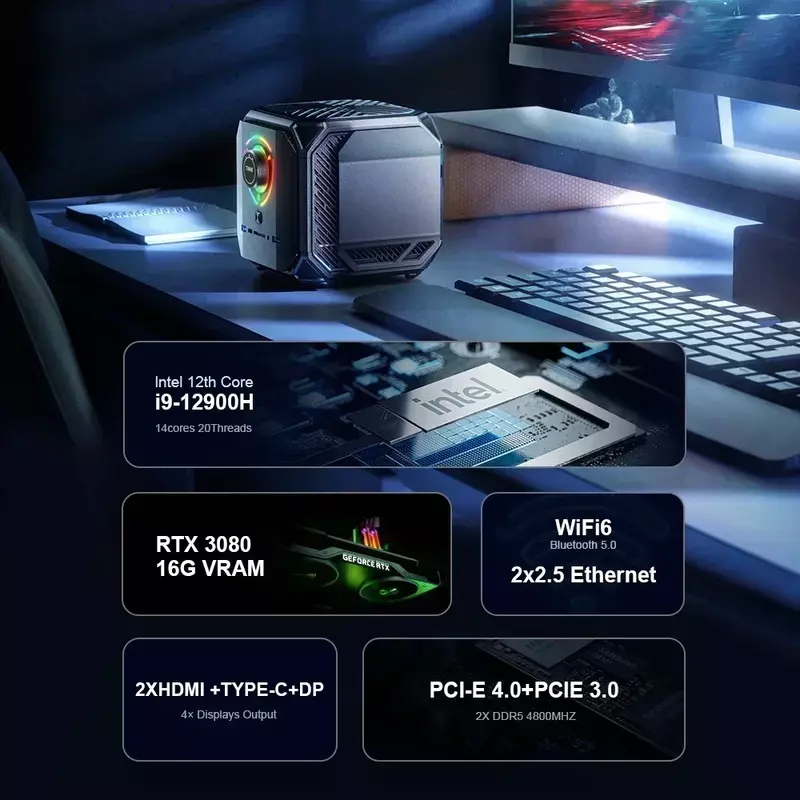 Chatreey tangki Mini PC Intel Core i9 12900H i7 12700H dengan Nvidia 3080 16G Komputer Gaming Desktop PCIE 4.0 Wifi 6 BT5.0