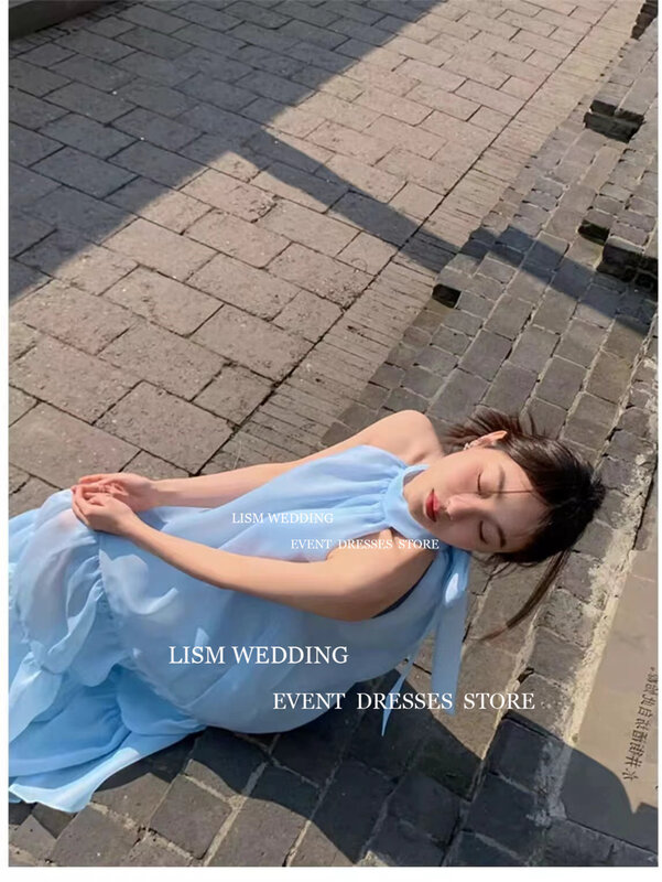 Женское вечернее платье с открытой спиной LISM, небесно-голубое корейское платье с лямкой на шее и круглым вырезом, оборками для свадебных и выпускных вечеринок