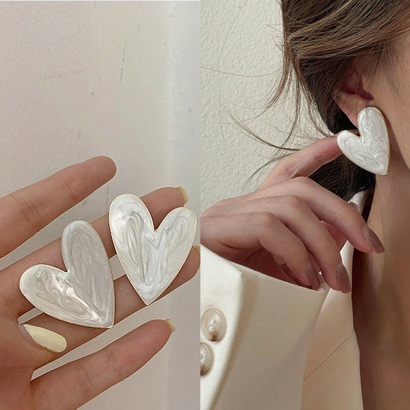 Kolor biały duże kolczyki w kształcie serca dla kobiet dziewczyna koreańska miłość upuść glazury estetyczne codzienne życie minimalistyczna biżuteria przekłuwania ucha