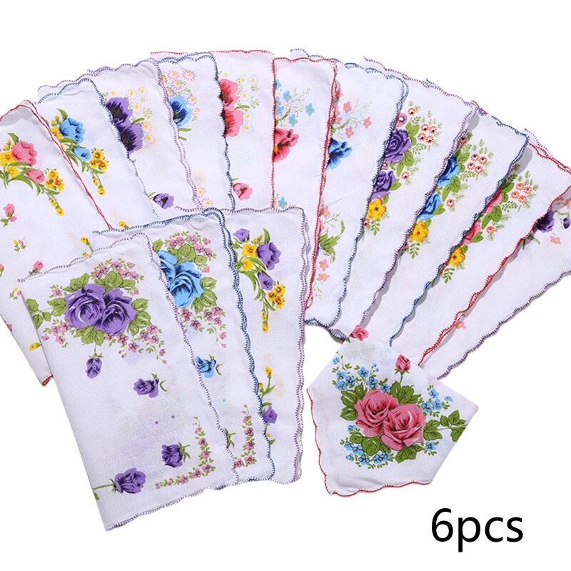 6Pcs Women Floral Handkerchiefs Pocket Handkerchief Natural Cotton Reusable Wedding Party Baby Shower Supplies for Girl