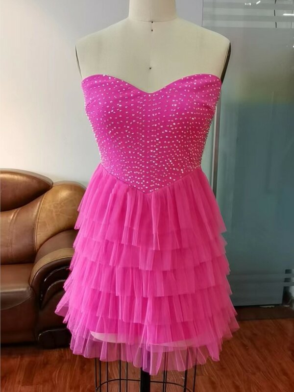 Тюлевое коктейльное мини-платье без бретелек, розово-красное Многоярусное короткое платье с блестками для выпускного вечера, дня рождения