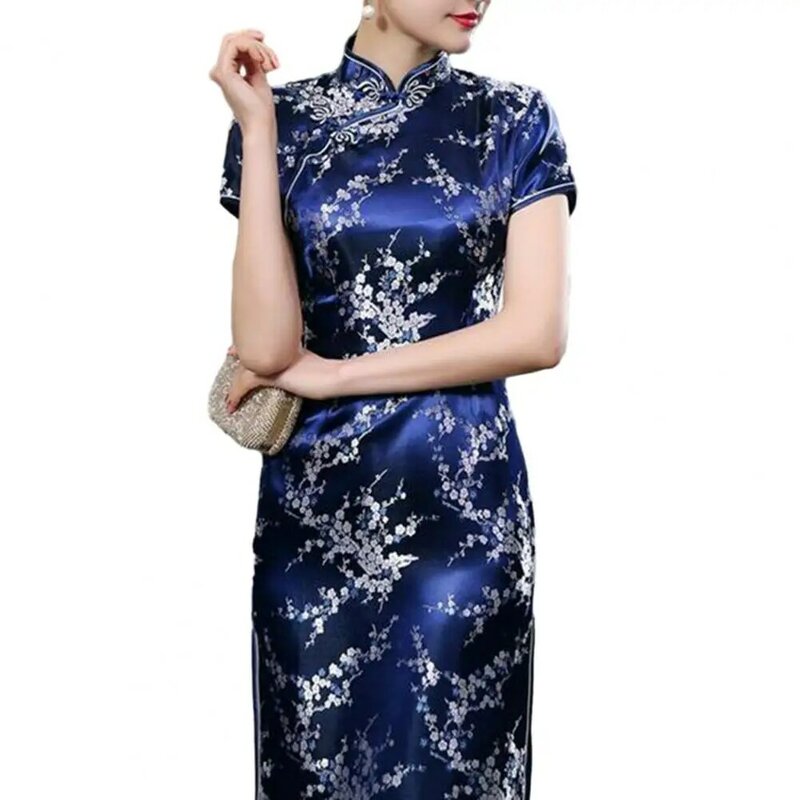 Women Dress Floral Embroidery Short Sleeves High Side Split Cheongsam Satin Silky Slim Fit Tight Waist Summer Spring Qipao