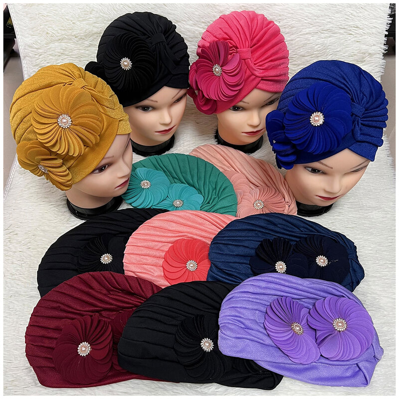 Wholesale 6/12 Piece Best Selling Flannel Hat Women's Cap Forehead Cross Muslim Base Scarf Indian National Style Pearl Headdress