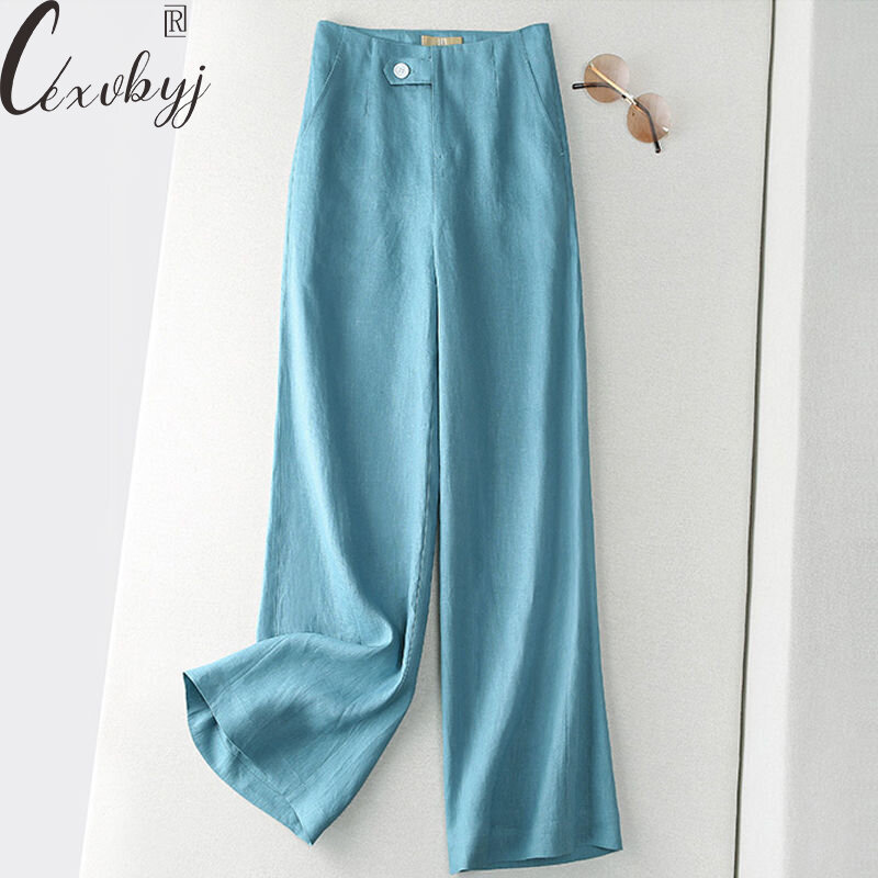Women Casual Cotton Linen Straight Pants 2023 Spring Summer High Waist Baggy Pants Ladies Office Work Button Oversized Pantalone