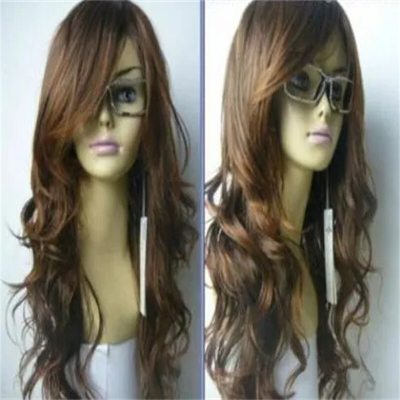 Peluca de pelo largo y rizado para mujer, color marrón, nueva moda, gran oferta