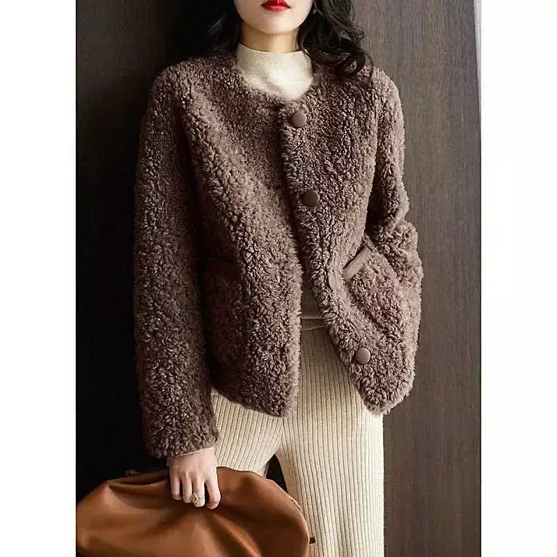 여성용 부드러운 양털 모피 코트, 뜨게 울 턴다운 칼라, 두껍고 따뜻한 겉옷, 럭셔리 겨울 재킷, 브랜드, 2024 신상 패션