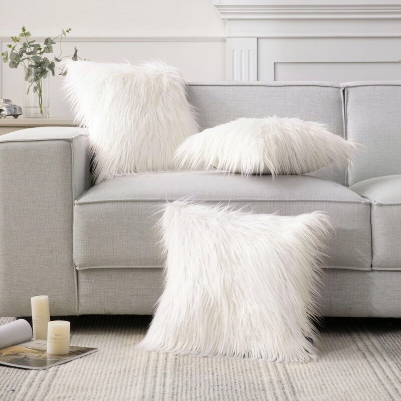 Bantalan lempar dekoratif persegi Seri bulu palsu berbulu mewah Mongolia untuk sofa, 18 "x 18", putih mati, 2 pak
