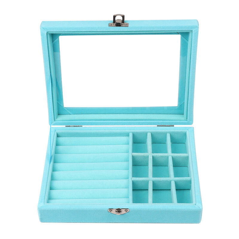 Velvet Jewelry Display Box com tampa de vidro portátil reunindo armazenamento Case, bandeja anel, brinco organizador, 2 em 1